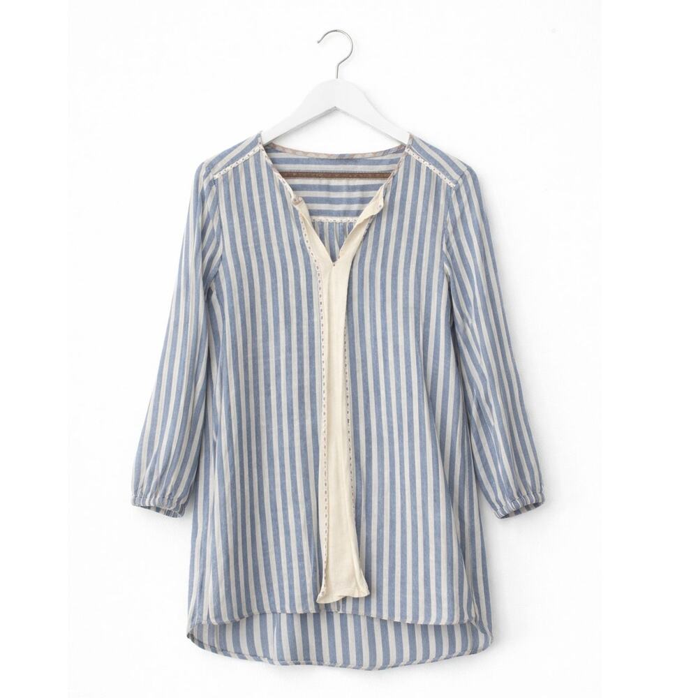 Kori America Blue White Stripe Tunic Top Small V-Neck Boho Long Sleeve Woven